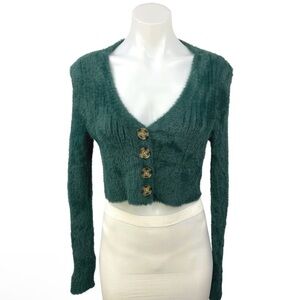 Dark Green Fuzzy Faux Fur Cropped Button Cardigan - Size Petite XL
